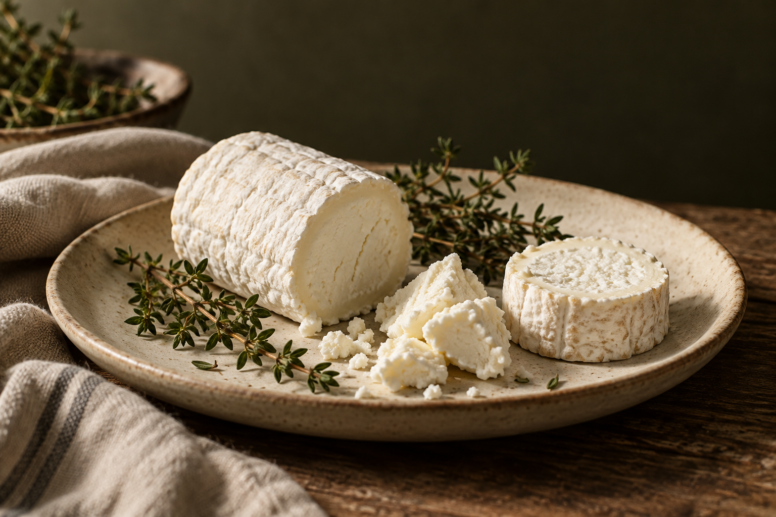 Illustrative fresh goat cheese served with thyme on a ceramic plate