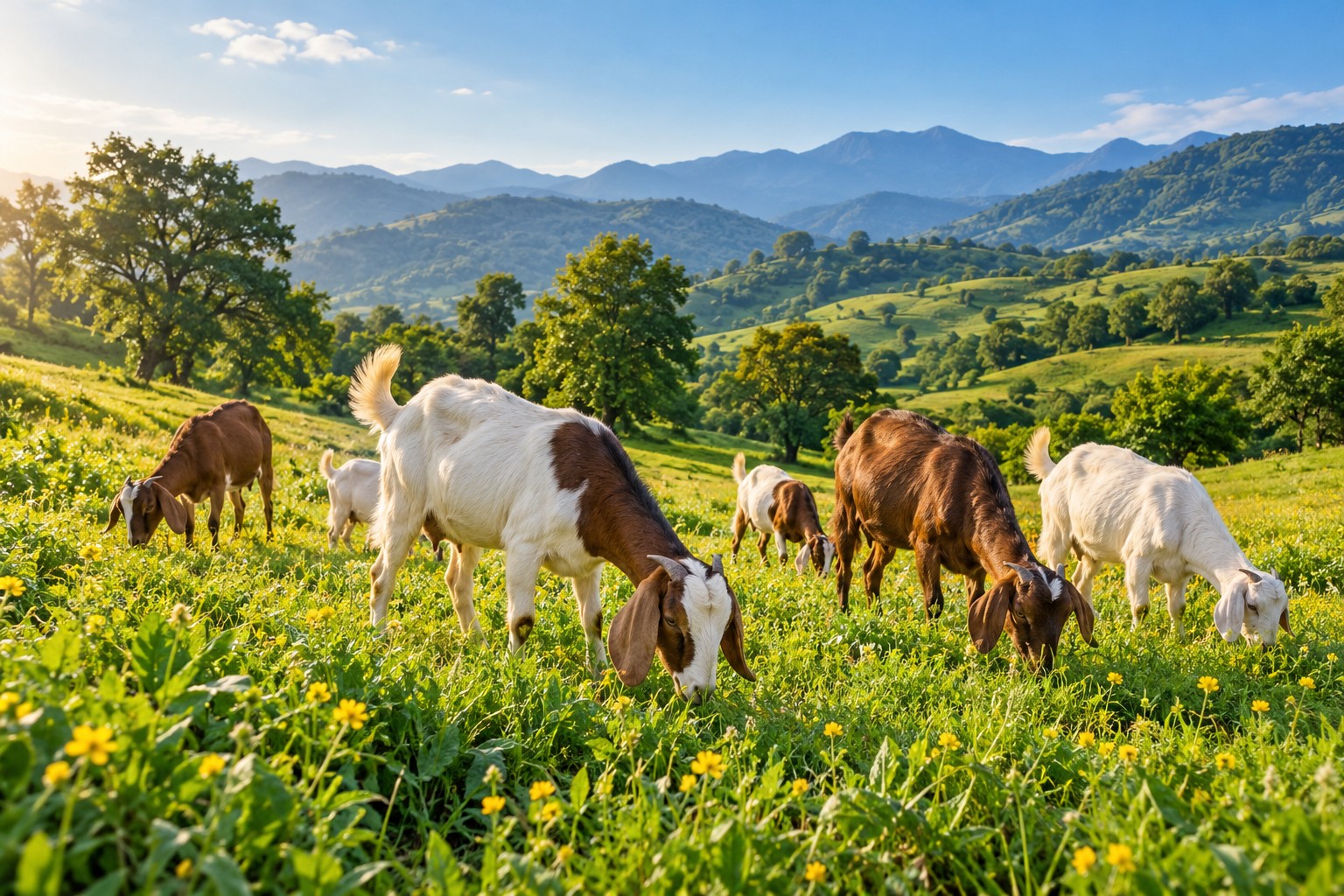 Illustrative herd of goats grazing among wildflowers in rolling green countryside
