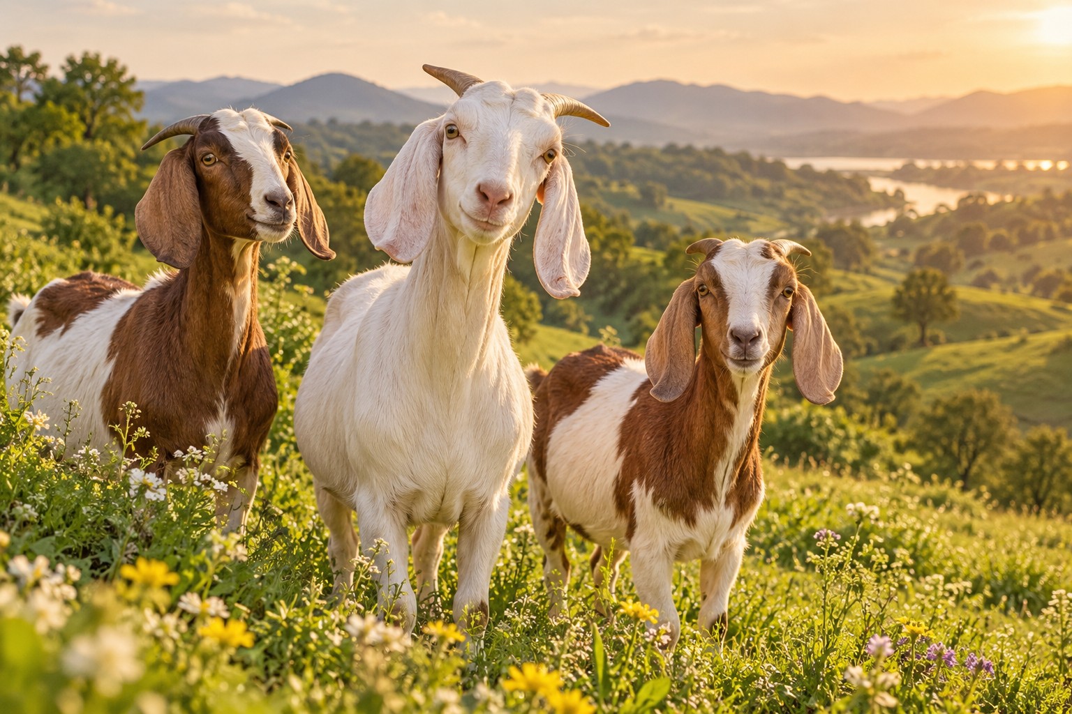 Illustrative scene of three goats in a sunlit green meadow with distant hills